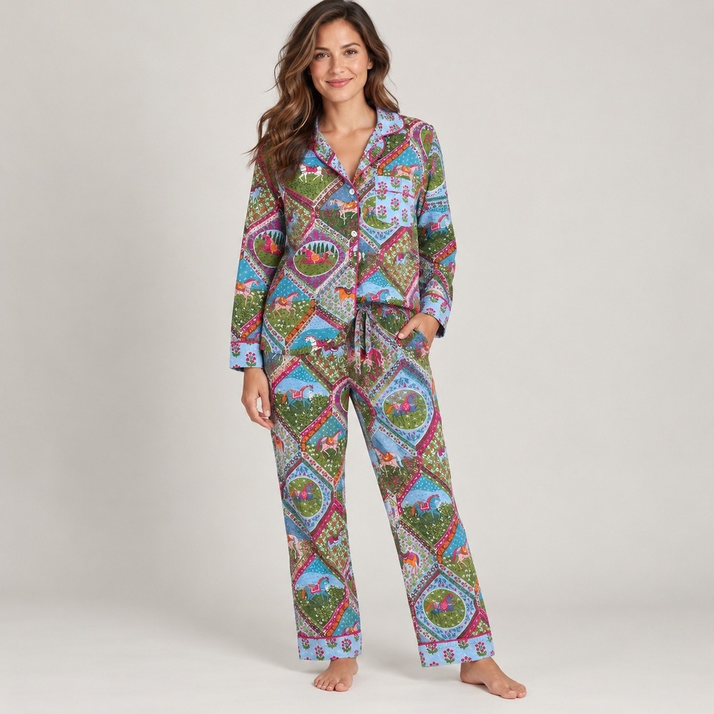 Printfresh Pajama Set Womens S Blue Green Equestrian Horse Cotton Long Sleeve
